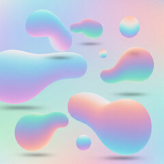 Vibrant abstract fluid shapes in pastel holographic hues, gently floating in a serene gradient, creating a modern and ethereal artistic concept
