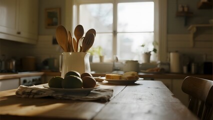 Cozy Kitchen Scene with Fresh Apples and Wooden Spoons on a Sunlit Table