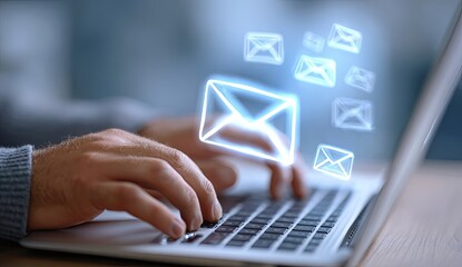 Hands typing on laptop, email icons overlay