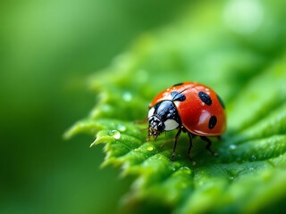 Macro photography of a red ladybug with black spots resting on a green leaf covered in dew drops. Symbol of luck, nature, and biodiversity