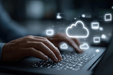 Close-up of hands typing on a laptop with cloud computing icons overlayed
