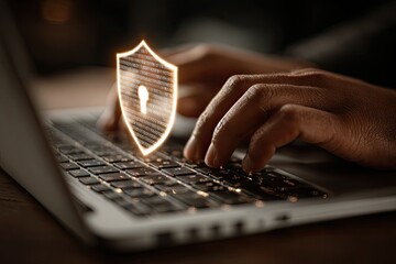 Hands typing on laptop, security shield graphic overlay
