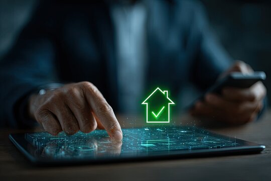 Businessperson using tablet, home icon, digital check