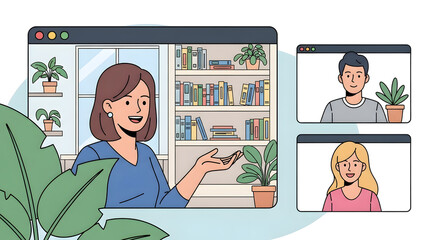 Online Video Conference Meeting with Woman Leading Remote Team Discussion from Home Office, Virtual Collaboration Illustration