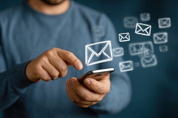 Person interacting with a smartphone, email symbols overlayed