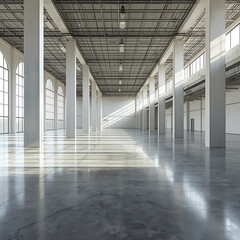 The warehouse interior features a spacious, empty space with a concrete floor, white pillars, and modern industrial design for commercial use.