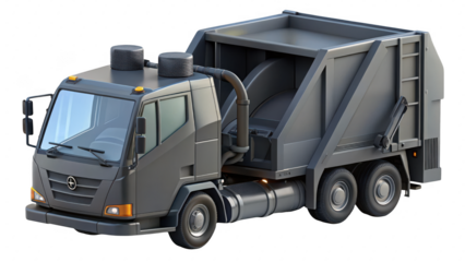 Large garbage truck with a black top and a silver bottom. 3d isolated illustration on transparent background