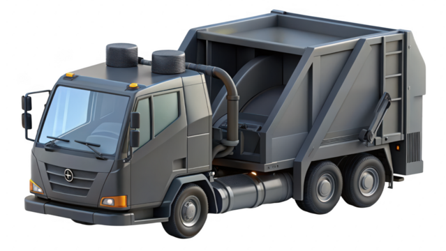 Large garbage truck with a black top and a silver bottom. 3d isolated illustration on transparent background