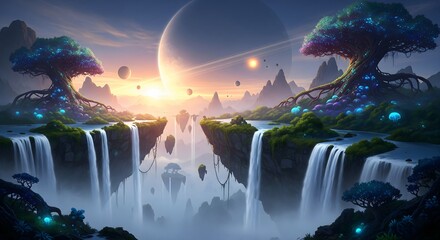 Enchanting floating islands with cascading waterfalls under a glowing alien sky