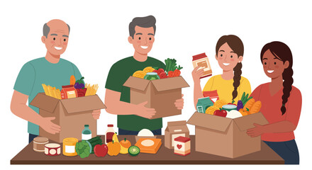 Volunteers Packing Food Boxes for Donation Community Support and Charity Efforts