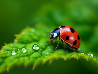 Fototapeta premium Close-up of a red ladybug with black spots on a dewy green leaf. Perfect for nature themes, biodiversity visuals, and environmental concepts
