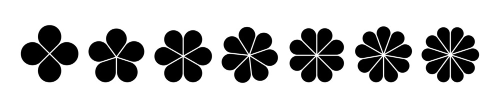 Flower petal shape icon set. Infographic circle diagram. Pie simple chart. Abstract flower leaves geometric graphic element. Round wheel design chart. Vector illustration isolated on white background.