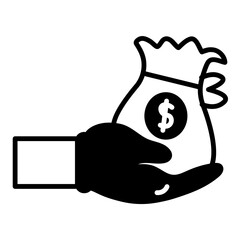 Conceptual, solid icon of a hand holding a money bag, representing financial transactions, savings, or investment.