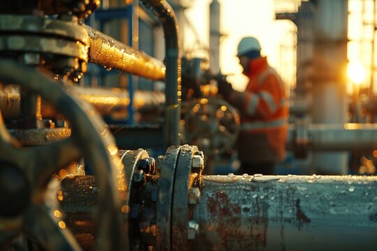 Technician in high visibility safety gear working on pressurized equipment at oil facility. image fits energy resource campaigns, work safety manuals and infrastructure related content