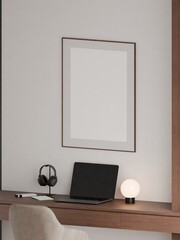 Modern Minimalist Home Office Interior with Wooden Desk, Modern Chair and Frame Poster Mockup 