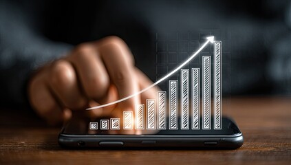 Person's hand touches a tablet screen displaying a growing graph