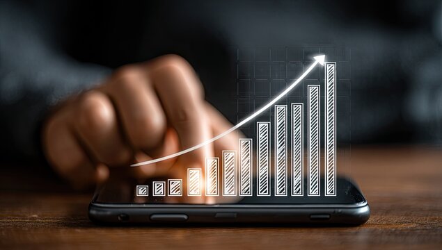 Person's hand touches a tablet screen displaying a growing graph