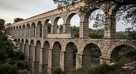 Obraz premium Stone Aqueduct with Arches, Ancient Architecture Against Forest