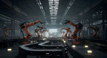 Wide angle shot of a factory interior featuring many robotic arms. Focus is on the repetitive automation of industrial process. Dark scene.