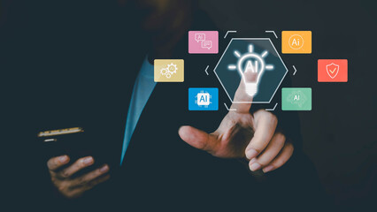 A businessman touches a glowing AI lightbulb icon on a futuristic digital interface, surrounded by technology symbols, representing innovation and business solutions through artificial intelligence.