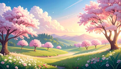 Obraz premium Spring landscape with blooming cherry trees.