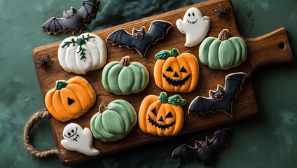 Halloween cookies on a wooden cutting board with pumpkins and bats