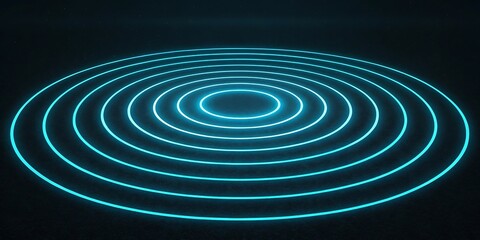 Abstract blue neon concentric circles emanating from a central point on a dark background, representing technology and data.
