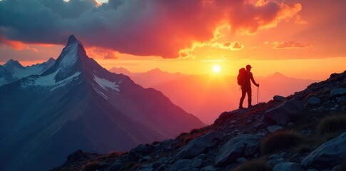 Fototapeta premium Silhouetted Mountaineer Conquering Rugged Mountain Range at Sunset A Dramatic Scene of Adventure and Perseverance