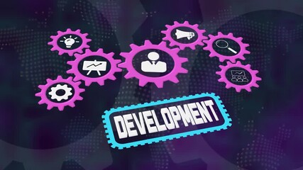 Business development concept with gears and icons representing teamwork, strategy, innovation, planning, and digital growth process - Powered by Adobe