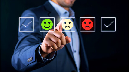 Businessman selecting customer satisfaction level on digital interface, showcasing feedback and service evaluation for business growth.