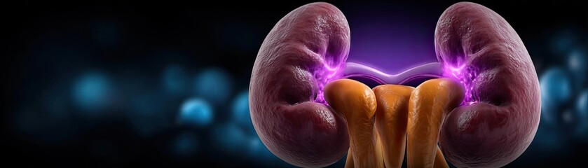 Fototapeta premium Polyuria disorder in Asian woman urinating concept. Illustration of human kidneys with glowing effects for medical use.