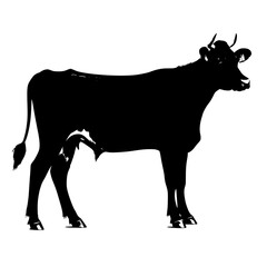 Silhouette of a horned cow standing in profile on a white background