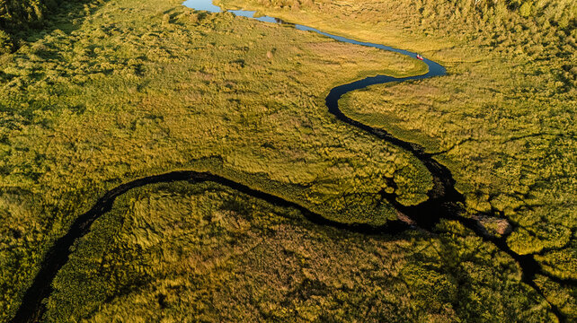 Canoe navigates a meandering wetland stream in Maine