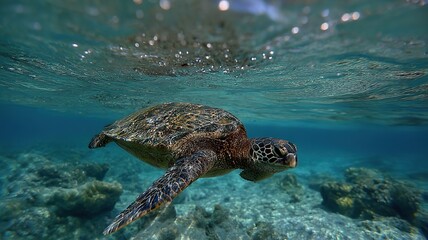 Obraz premium 木漏れ日とサンゴに囲まれた透明な海を滑るように進むアオウミガメ。
