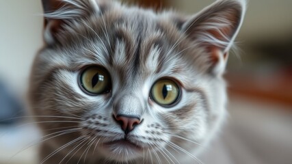 A close up portrait of a gray tabby cat with green eyes looking directly at the viewer intently and curiously