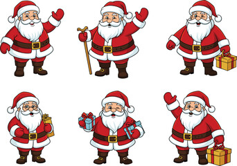 Cheerful Santa Claus holding gifts, waving hands, carrying sack and presents, perfect for Christmas holiday celebration, festive winter season, and cartoon design