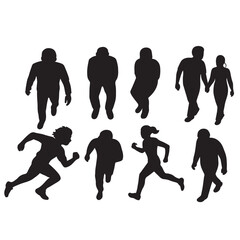 Set people outlines isolated on white background. Sitting, walking, running.vector