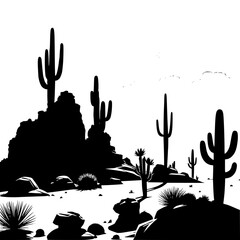 Silhouette of desert landscape with cacti and rocks in black and white © Sarfaraz