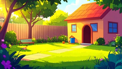 Sunny cartoon backyard scene with house.