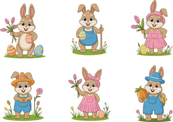 Adorable Easter bunny characters holding eggs, flowers, and vegetables, wearing cute clothes, perfect for spring, holiday celebration, kids design, and festive decorations