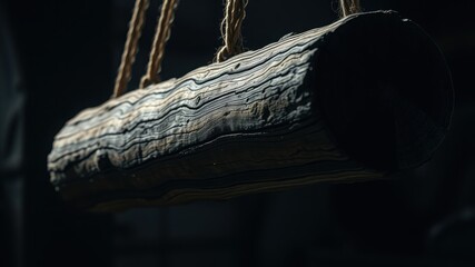 Close up shot of a weathered log suspended by rope in a dimly lit or dark environment indoors