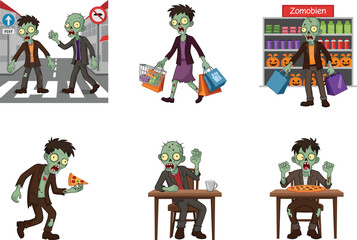 Funny zombie characters shopping, eating pizza, crossing street, and sitting at table, perfect for Halloween, horror, comedy, and cartoon themed designs