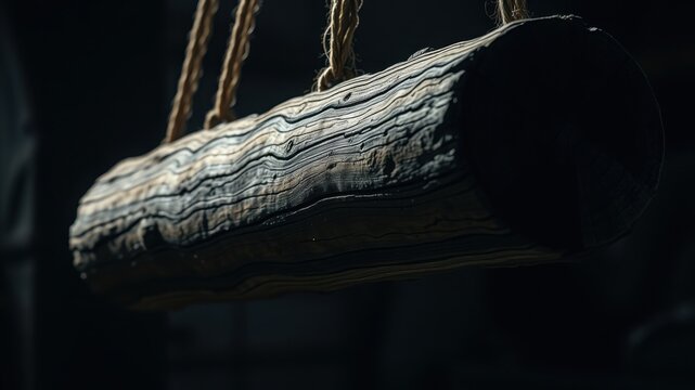 Close up shot of a weathered log suspended by rope in a dimly lit or dark environment indoors