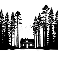 Silhouette of a log cabin surrounded by tall pine trees in a forest