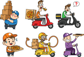 Funny pizza delivery characters riding scooters, carrying pizza boxes, including a monkey, worker, and delivery person, perfect for food delivery and service illustrations