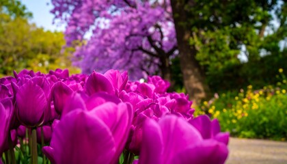 Obraz premium Close-up view of vibrant purple tulips in a garden setting, with a blurred background of vibrant trees and other flowers.