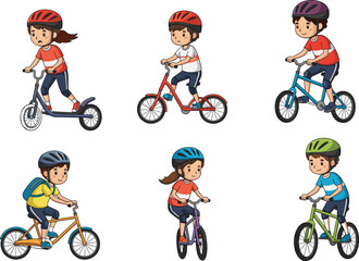 Adorable kids riding scooters and bicycles, wearing helmets, perfect for children’s active outdoor play, sports, and exercise-themed designs © Sumia Art