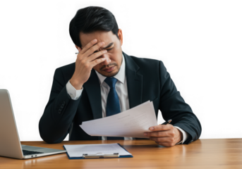 Stressed asian businessman holding his head isolated on transparent background