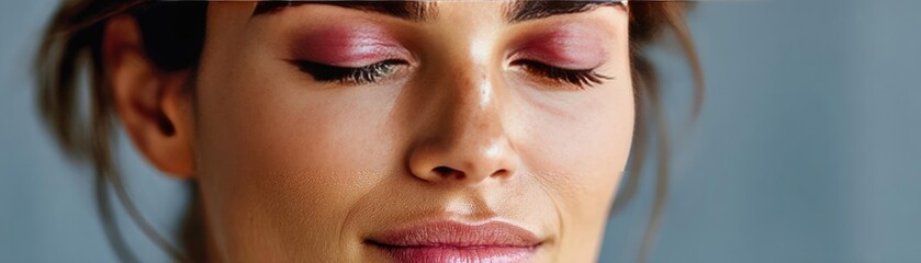 Obraz premium Eyelid swelling concept. A serene woman with closed eyes embraces tranquility and beauty.