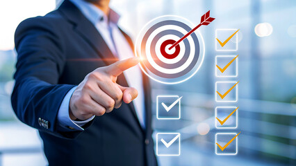 Confident businessman achieving goals by hitting bullseye on target with completed checklist in modern office setting